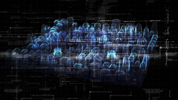 Futuristic simulation of 5G network concept, artificial intelligence quantum physic deep learning performing analytic computational head up display loop background