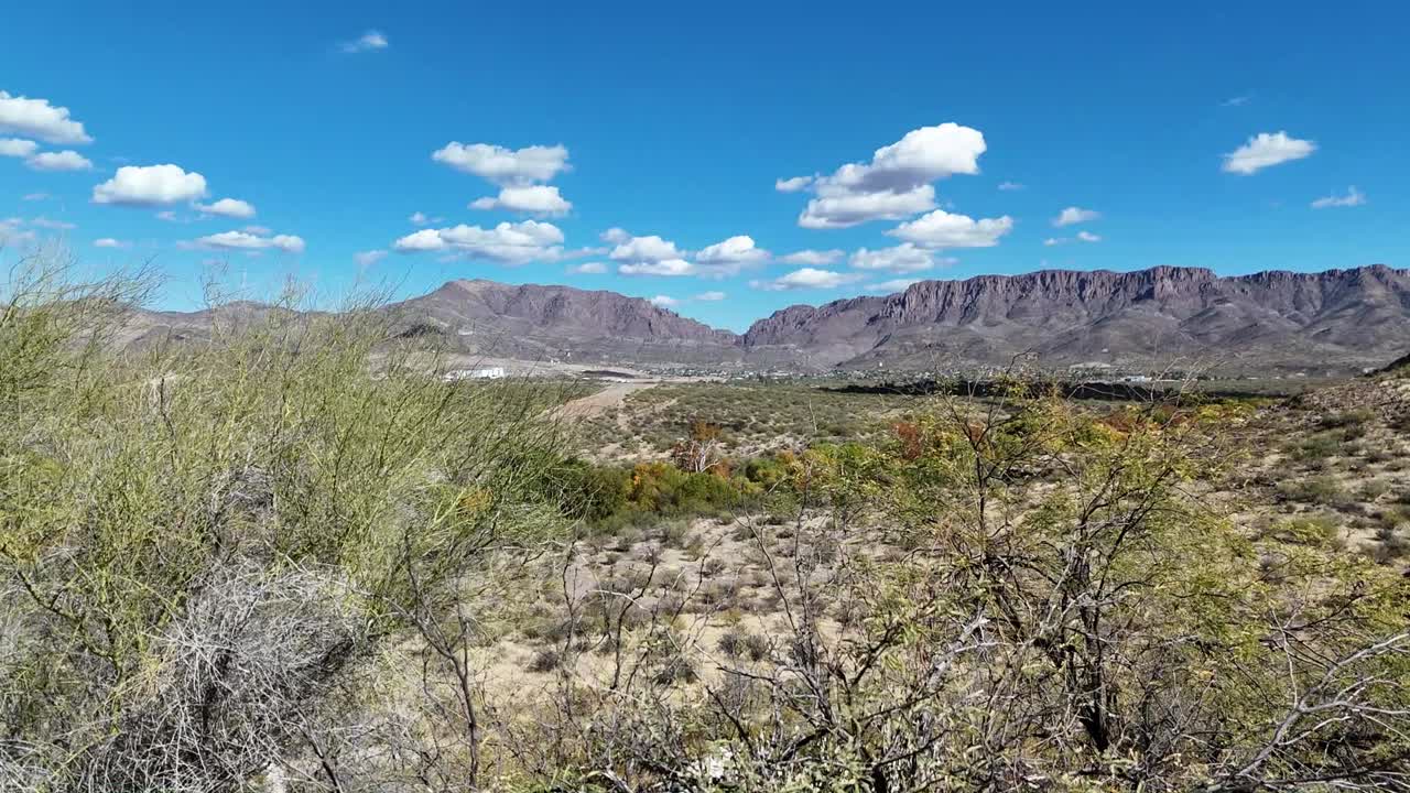 Looking through the Trees at a small desert Town with Mountains behind it. Blue Sky with a few clouds. Superior, Arizona