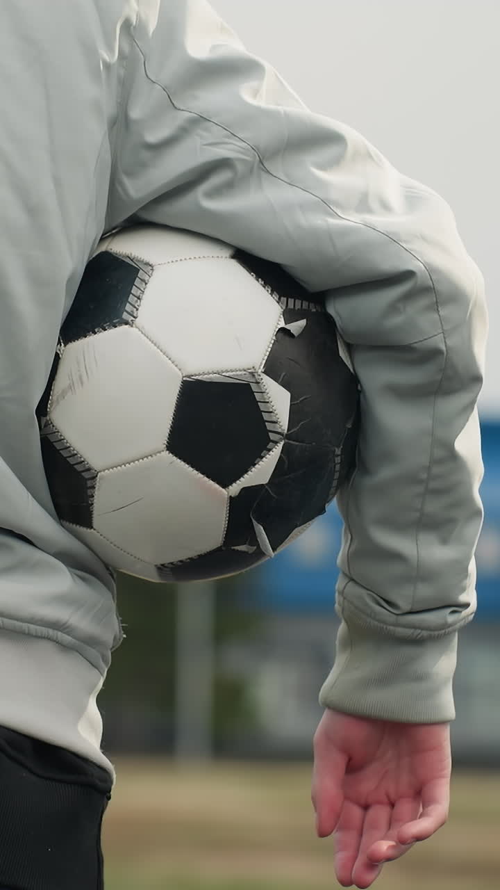 Back view of a person standing with a soccer ball tucked under their right arm, wearing a gray jacket and blue pants, with a blurred view of a grassy field and a blue building