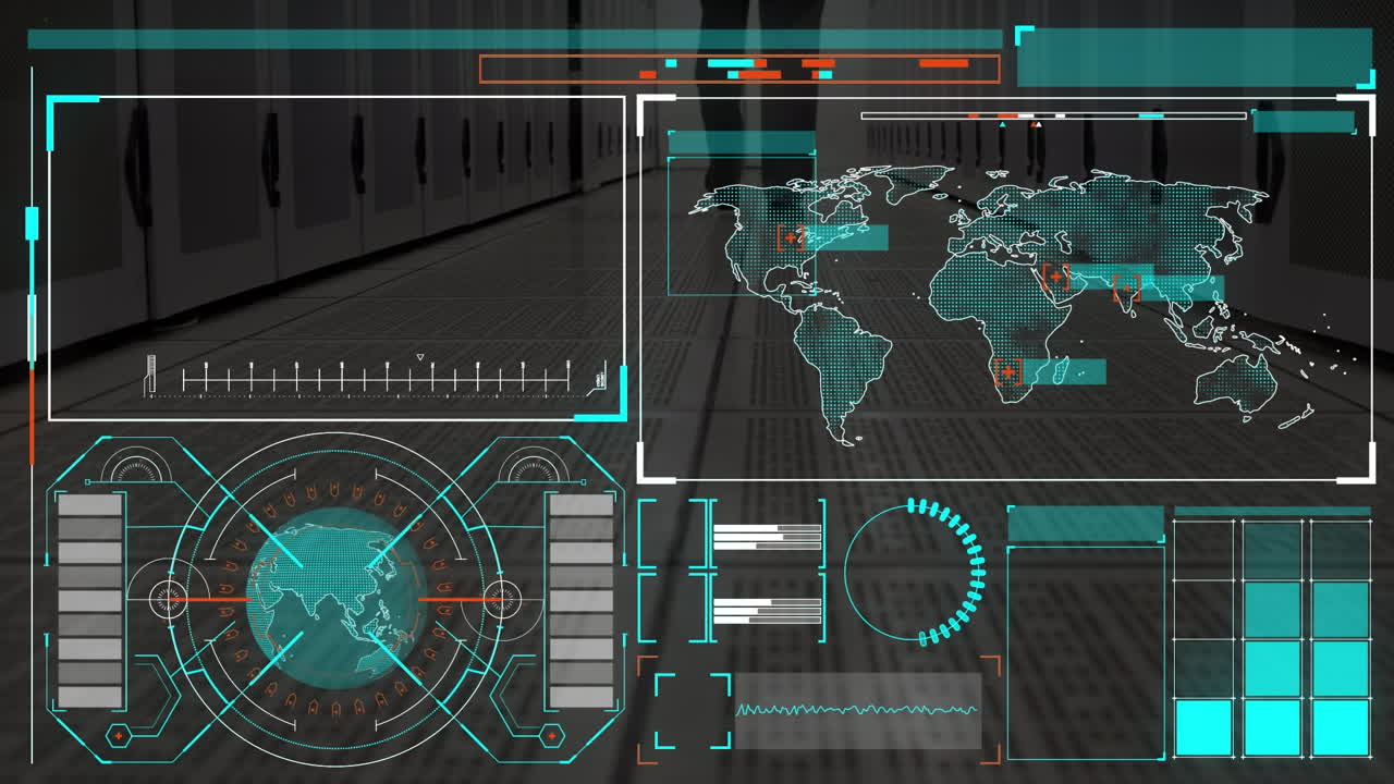 animación de la interfaz con procesamiento de datos sobre la sección baja de un ingeniero masculino caminando en la sala de servidores