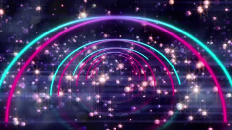 animación digital de círculos de neón en movimiento sin fisuras y múltiples estrellas brillantes sobre fondo negro