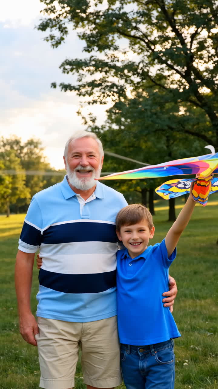 Happy Grandfather and Grandson with a Colorful Kite in the Park