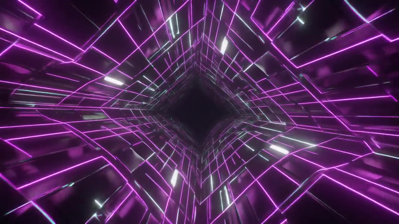 Abstrakter digitaler Tunnel mit leuchtenden violetten Neon-Gitterlinien