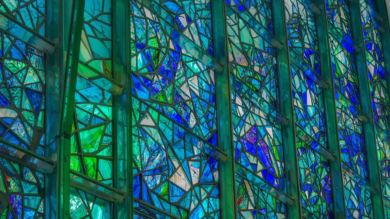 After still shot camera panning inside chapel revealing stained glass panels and metal framing bars