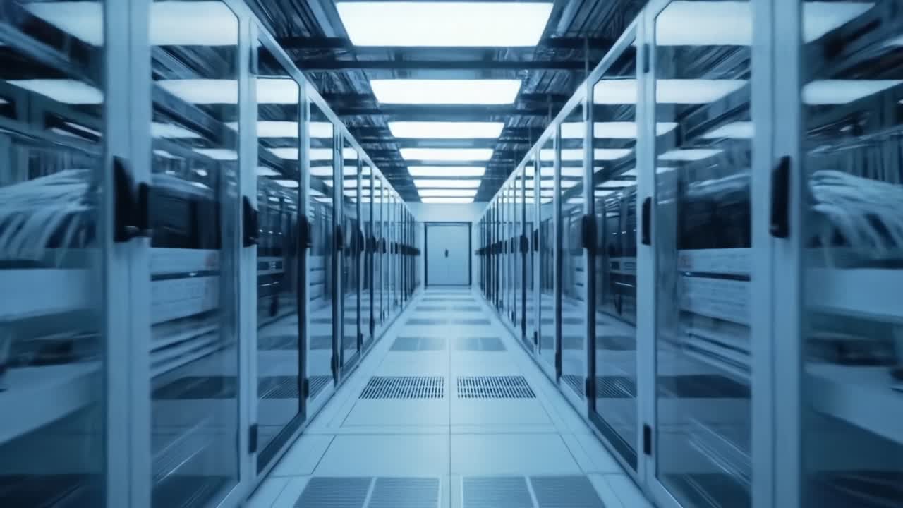 A Deep Dive into a Modern Data Center: Exploring the Sleek Design and Array of Server Racks in a High-Tech Environment