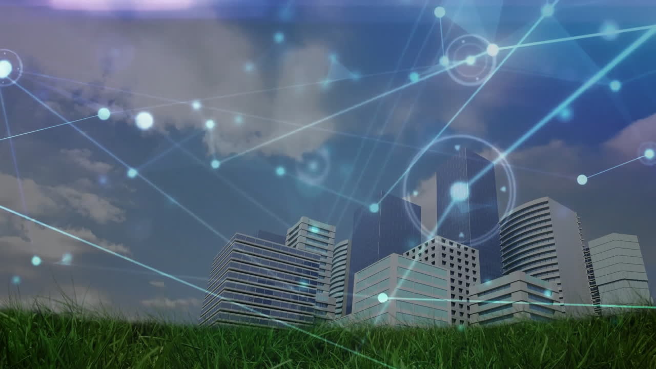 도시 풍경 위의 아이콘으로 연결된 네트워크의 애니메이션