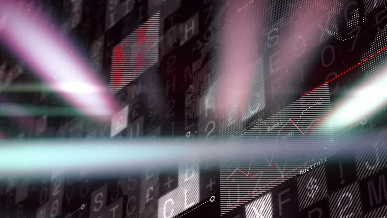 Una parete di dati si attiva dopo la scansione di una banda ciano, rivelando linee di grafici e indicatori di mappa che visualizzano le tendenze.