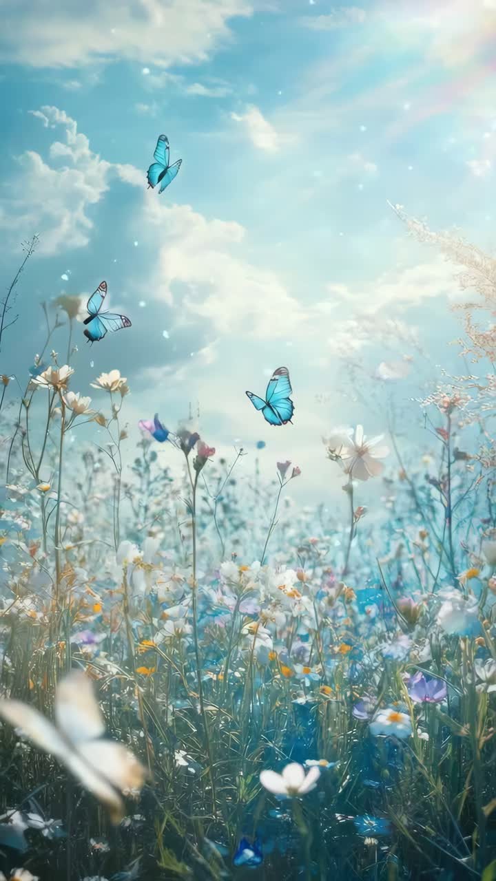 A serene video scene of butterflies fluttering over a wildflower meadow