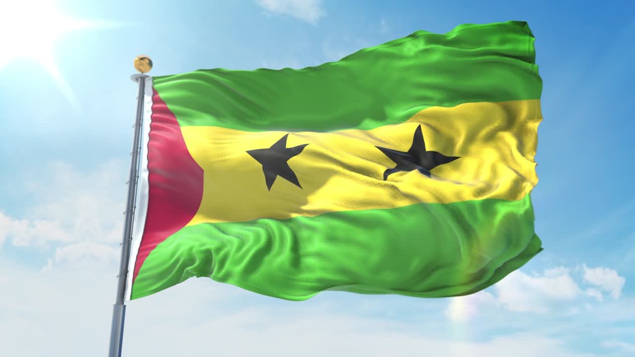 파란 하늘을 배경으로 바람에 흔들리는 sao tome and principe 발, 국가 테마, 국제 개념, 3d 렌더링