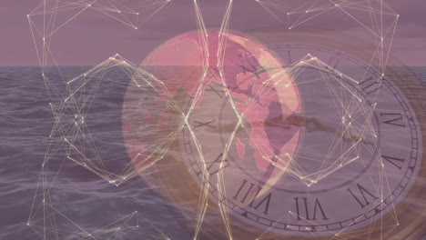 animation of glowing network of connections and globe over clock, on sunset seascape background