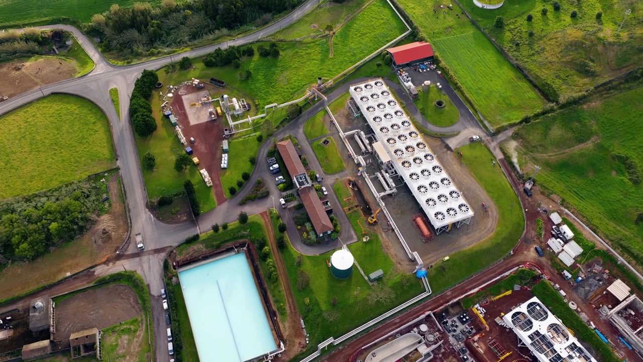 Cooling Units Of Geothermal Power Station In Azores, Portugal. Aerial Orbiting Shot
