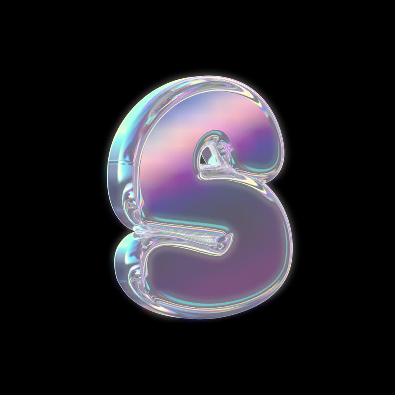 Rotating Iridescent Glass Letter S on Black Background