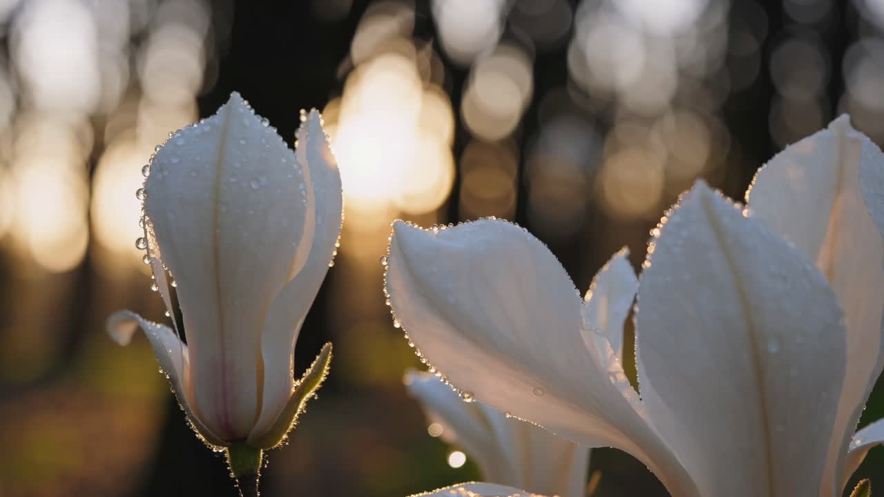 Close-up video of dewy white flowers at sunrise, with a soft-focus background