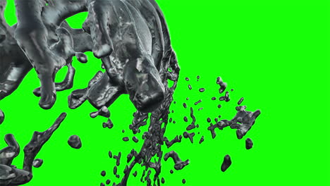 Schwarze-Flüssigkeit-Auf-Grünem-Bildschirm,-Die-In-Zeitlupen-Simulation-Mit-Einer-Rotierenden-Kamera-Explodiert