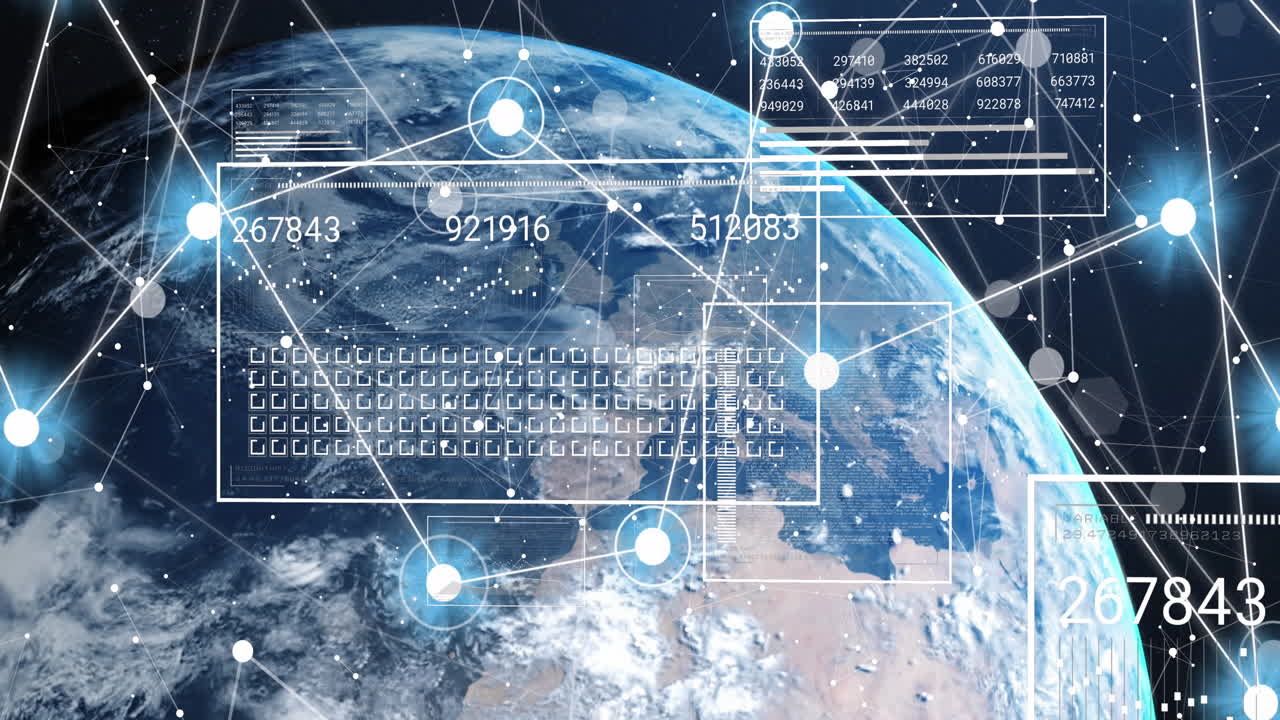 Animation of network of connections and data processing over globe on black background