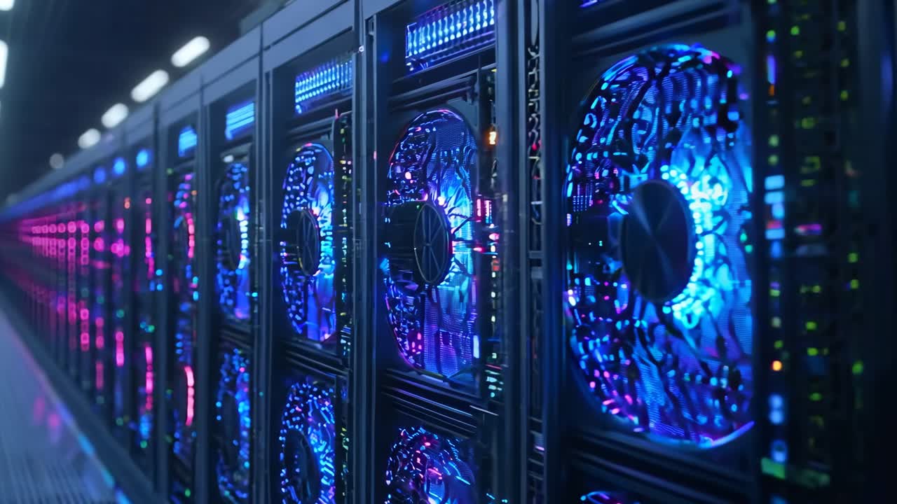 A row of servers in a data center with colorful lights
