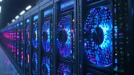 una fila de servidores en un centro de datos con luces de colores