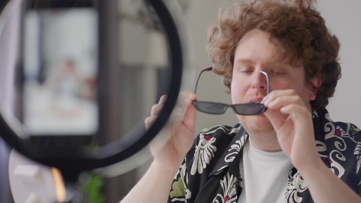 Uomo che recensisce occhiali da sole stretti durante le riprese di un video vlog di moda