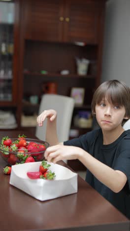 boy eating strawberries at the table
