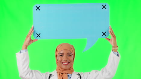 Muslim-woman,-doctor-and-speech-bubble-on-green