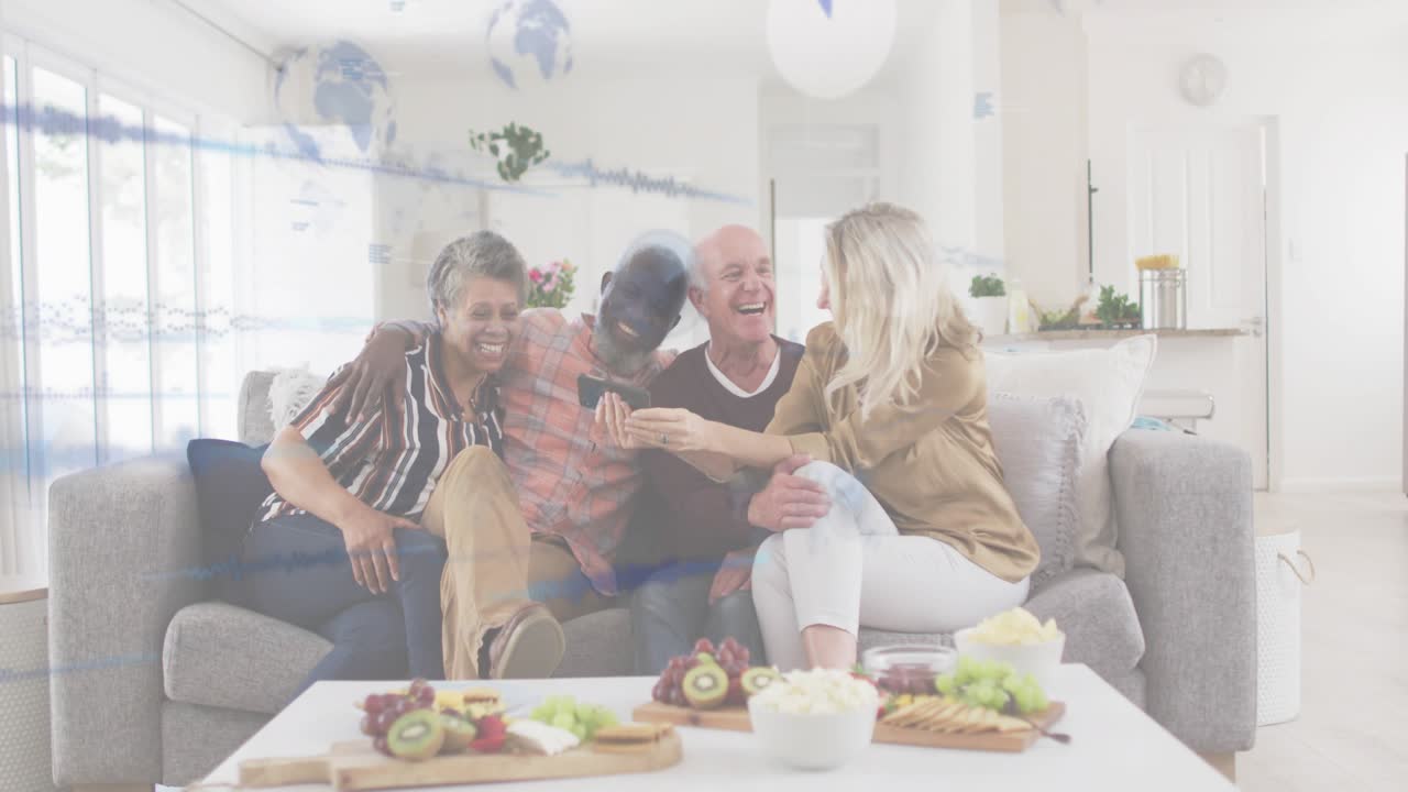 Four friends raising phone for selfie and generating animated data visuals for social media sharing