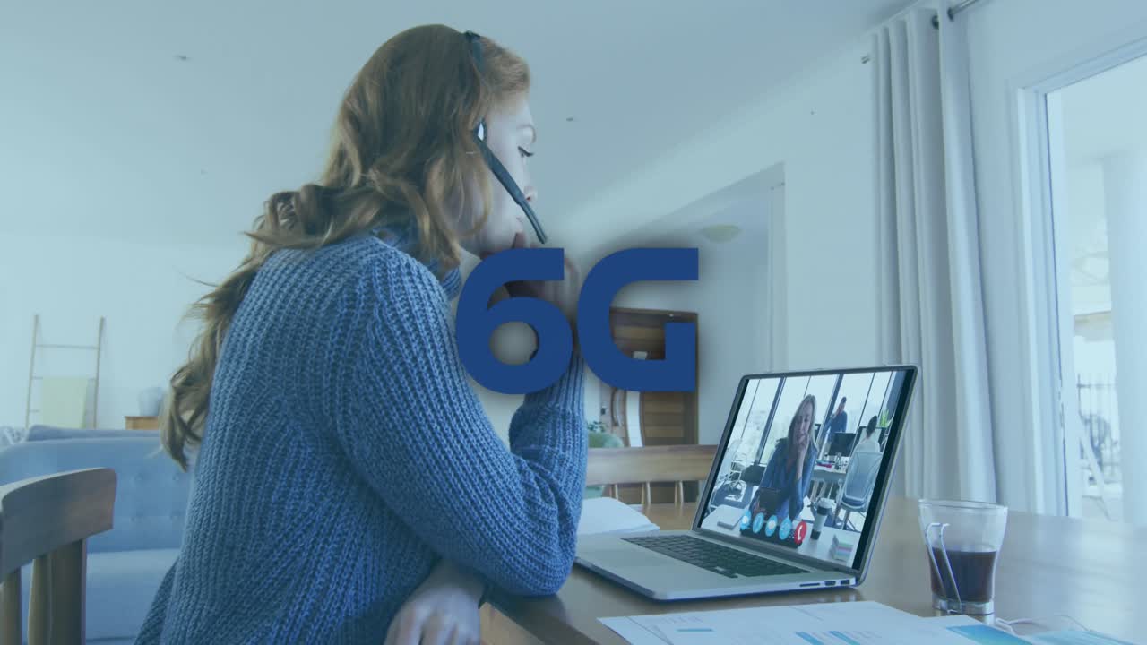 Animation of 6g text over caucasian businesswoman having video call