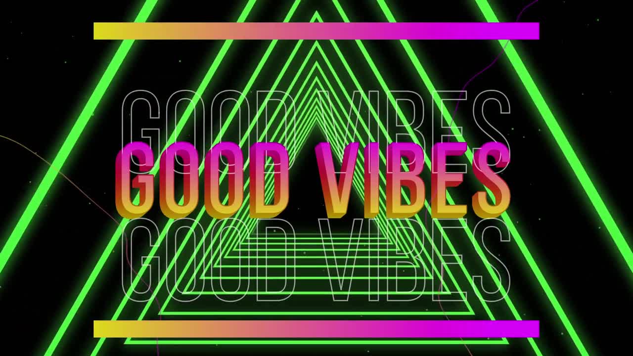 animación de texto de buenas vibraciones sobre formas geométricas verdes brillantes
