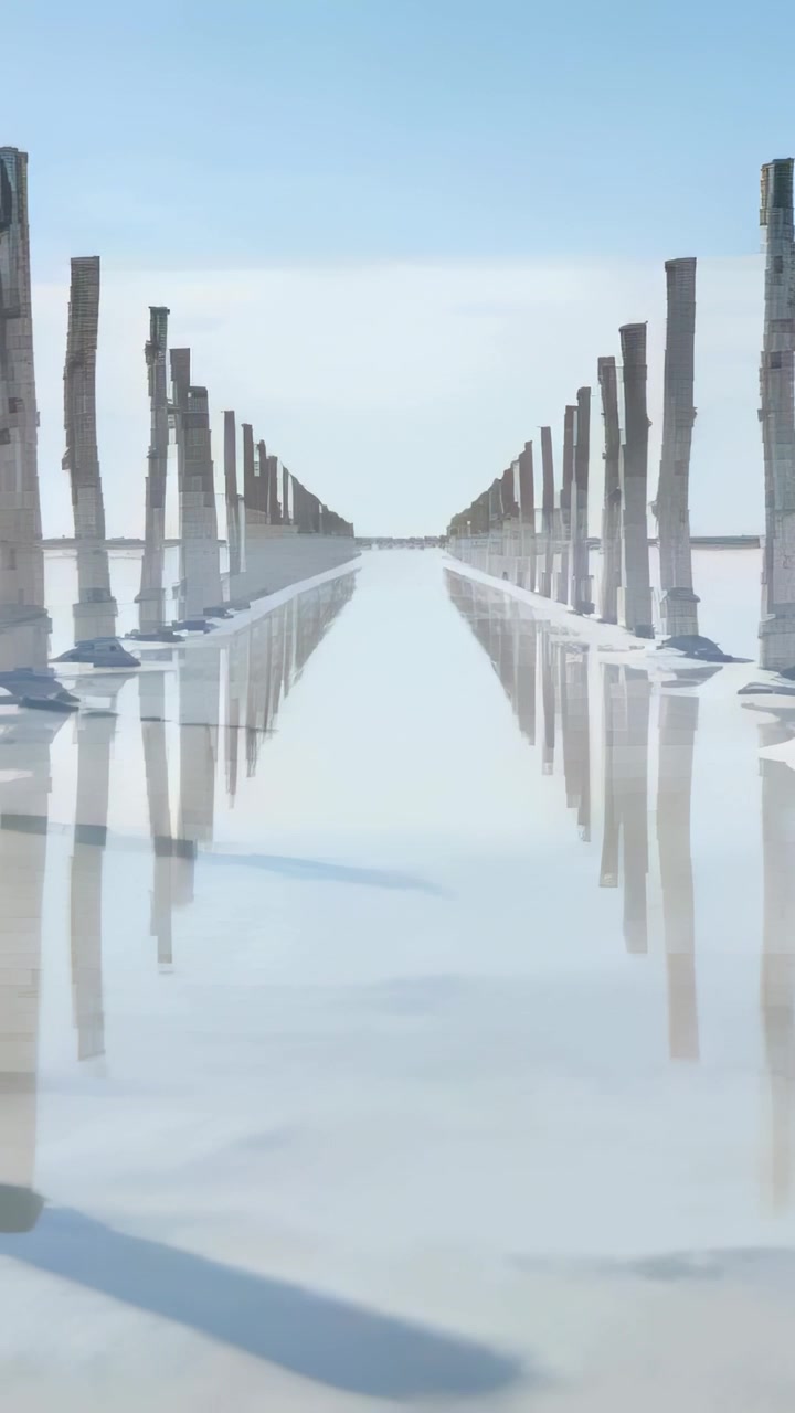 Vertical video: Moving camera showing central post channel on salt pan, mirrors leading to horizon