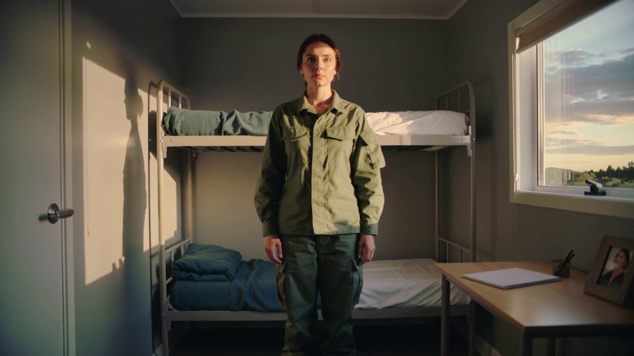 Militare in piedi in posizione di attenti in caserma, mentre il sole basso proietta un'ombra, con uniforme e letto a castello.