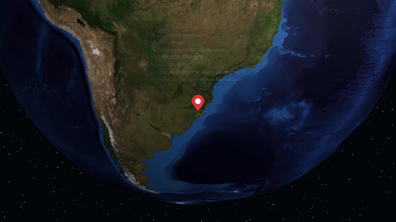 Digital animation zooms from space into Porto Alegre Brazil with an informative data overlay