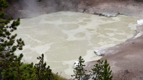 long shot of hot spring pool with steam rising from it