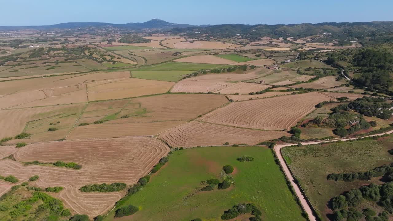 Rural country lanes agriculture Menorca island Spain field rolling hills nature, aerial drone