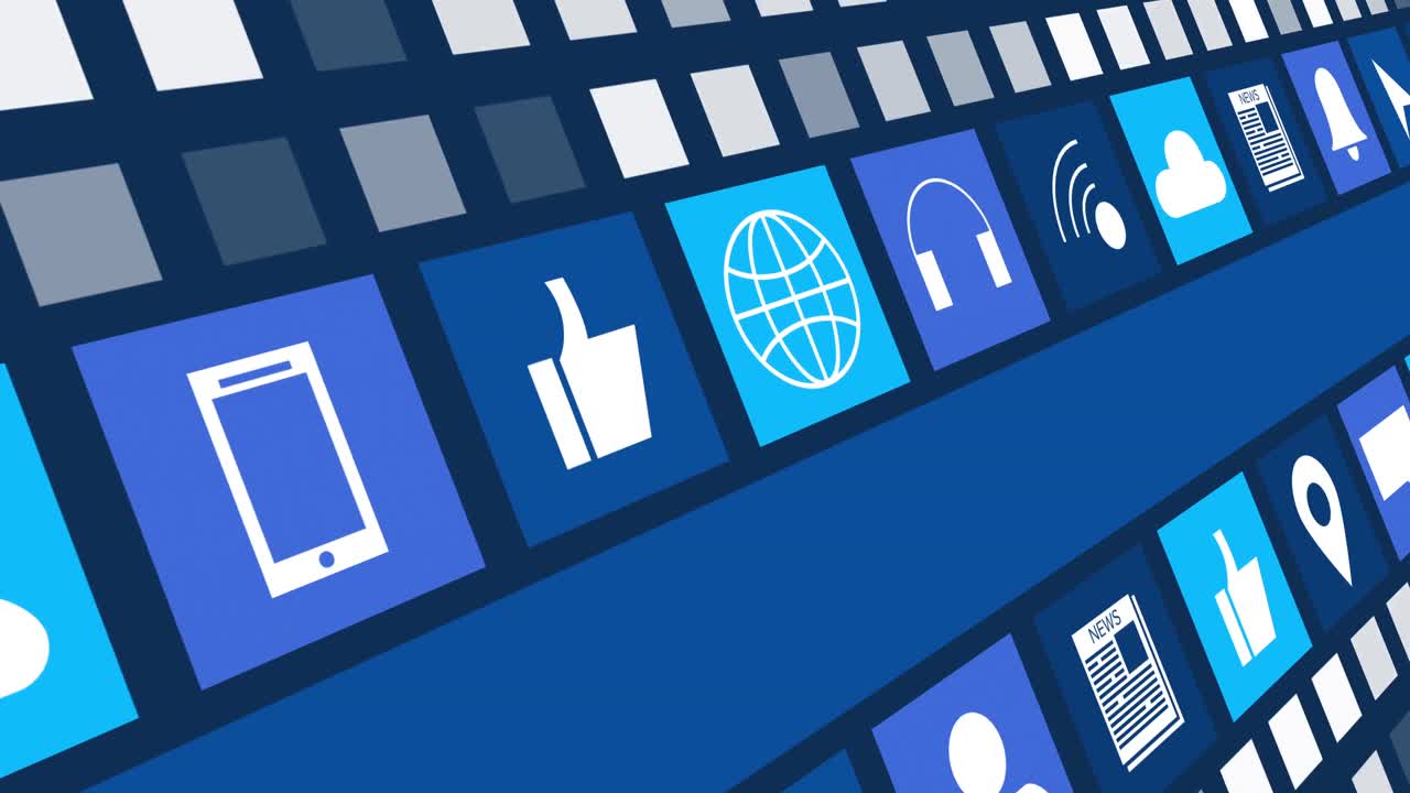 디지털 온라인 아이콘과 어두운 파란색 배경에 움직이는 파란색 줄무 ⁇ 의 애니메이션