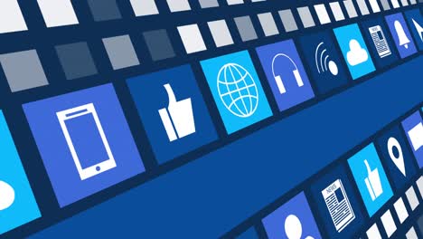 animación de iconos digitales en línea y rayas azules que se mueven sobre un fondo azul oscuro