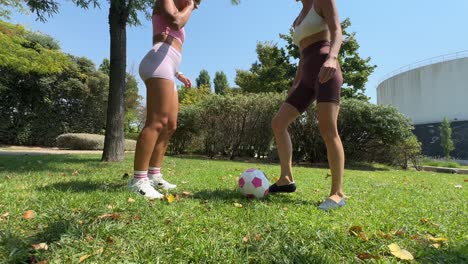 two women playing soccer in the park