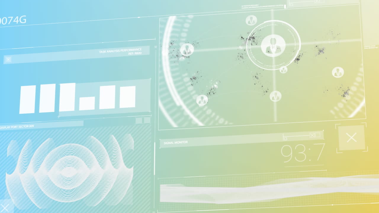 Animation of interface with data processing against blue and yellow gradient background