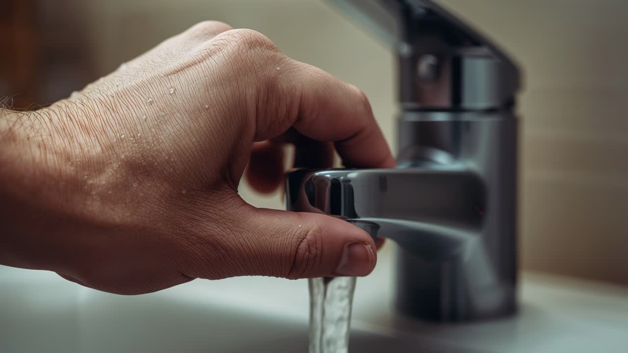 A hand turning on a faucet