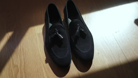 pair of tassel loafers placed on sunlit wood floor with calm morning shadows