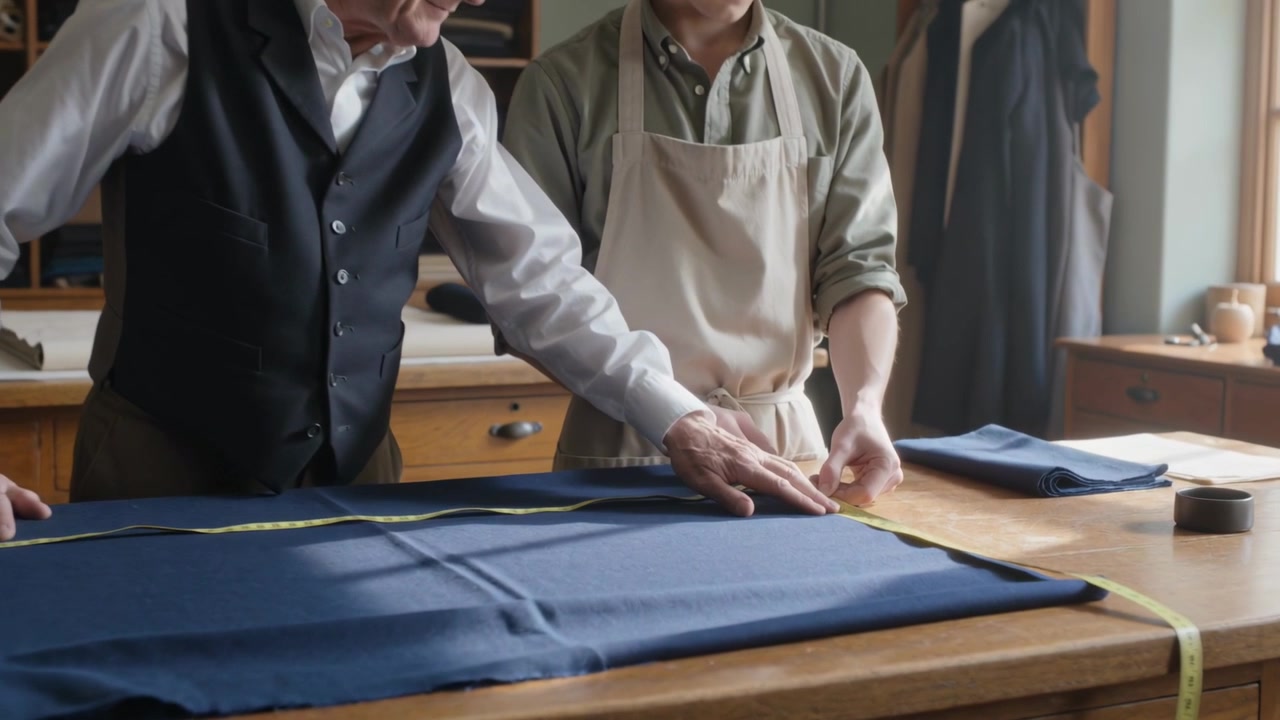 Pekende eldre skredder veileder lærling i forkle som plasserer gult målebånd på marineblått stoff på bordet, mens de lager en dress.