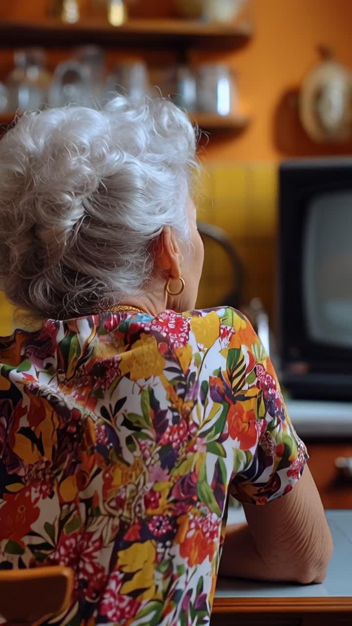 Ældre kvinde ser med stille interesse på et gammelt fjernsyn. Blomstret kjole tilføjer varme til et hyggeligt, nostalgisk køkkenmiljø. Blød belysning forstærker en fredfyldt, eftertænksom atmosfære. Ideel til historier om minder.