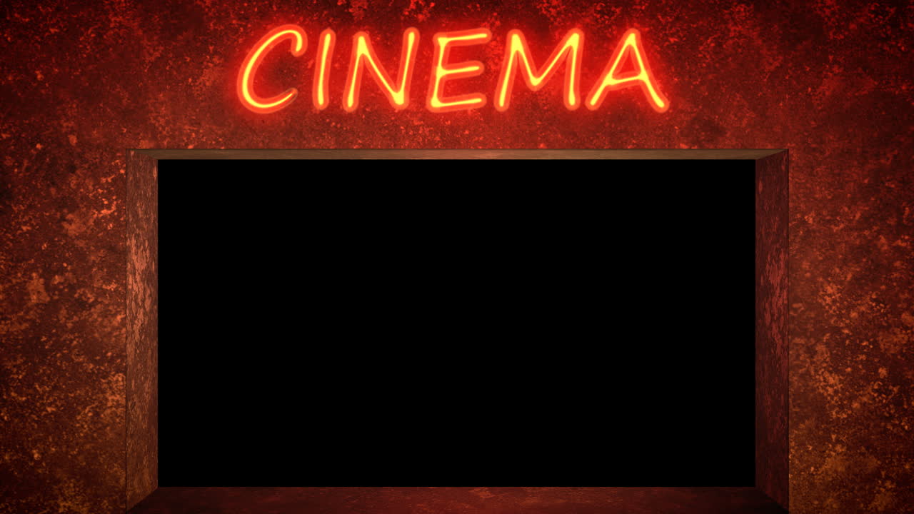 Insegna al neon vintage da cinema sfarfallante con cornice per schermo vuota