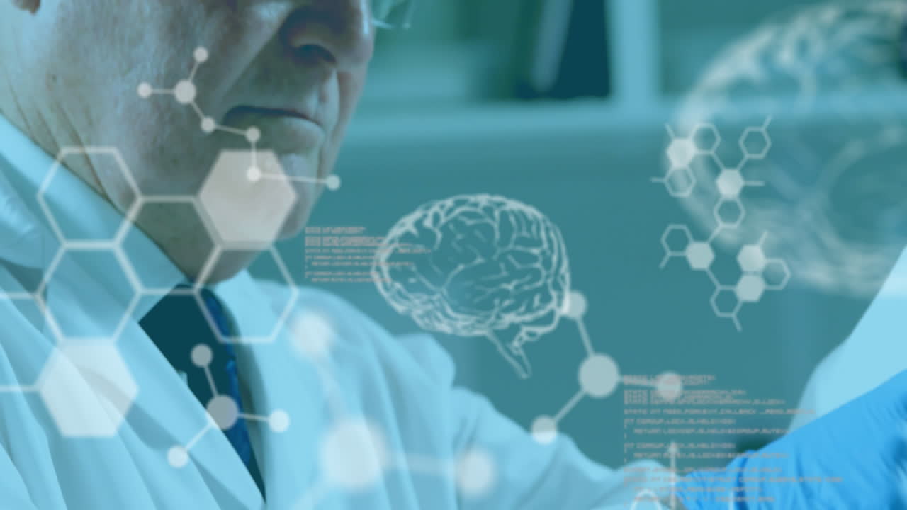 Structure moléculaire et cerveau numérique sur fond de chercheur travaillant en laboratoire.