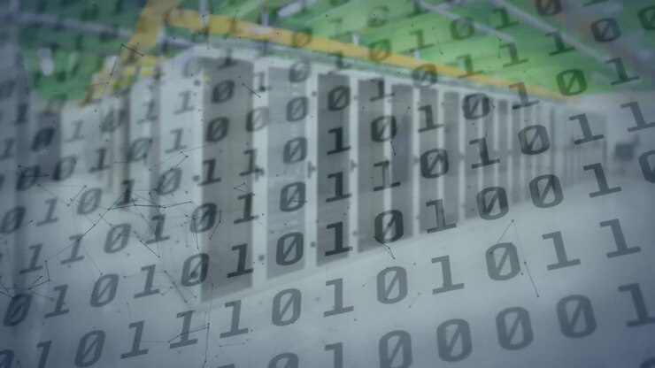 Animation of binary coding over server room
