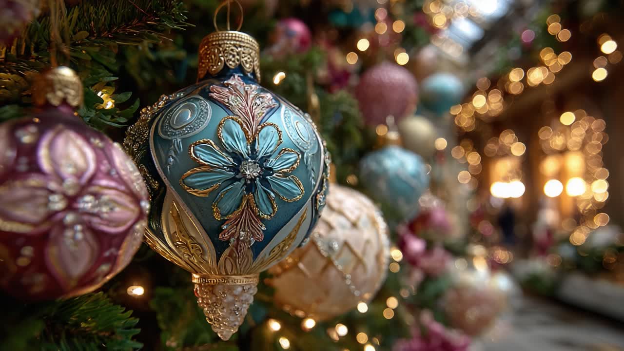 Close-Up View of Ornate Christmas Ornaments Hanging on a Magnificently Decorated Tree, Highlighting their Intricate Designs and Colorful Sparkle against a Softly Blurred Background