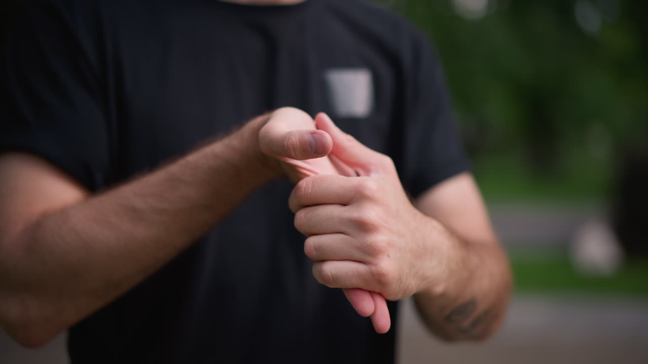 White Tattooed Man Stretching Wrists Outdoors Before Exercise, Detailed Shots Of Fingers And Forearm Ink, Grip Preparation For Skate Or Workout, Green Park Background, Focused Mobility Routine