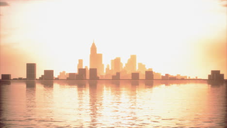 sunrise city skyline reflection