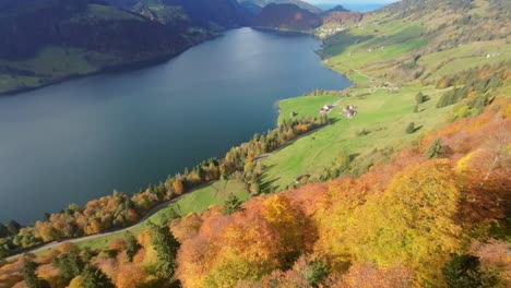 drone aerial flight over switzerland lake