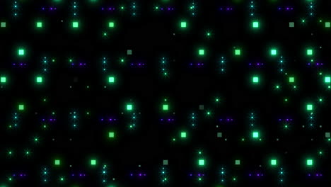 geometric grid of green and blue squares on black background