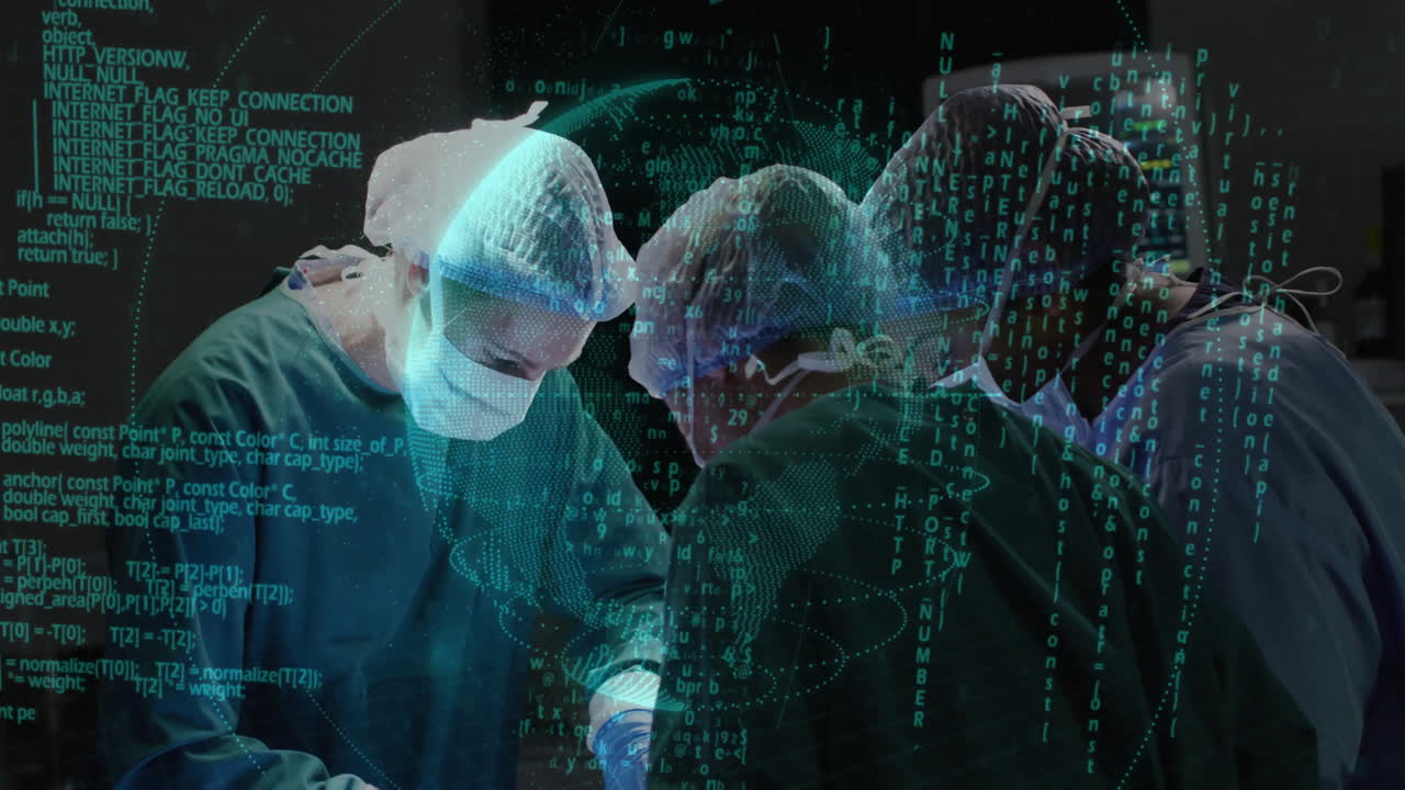 Performing operation, surgeons using digital data processing animation in hospital