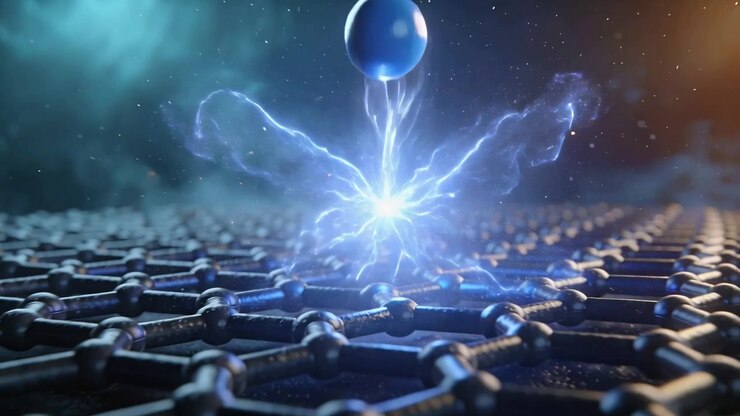 Drifting diatomic model moving toward hex mesh, detaching sphere and creating plasma arc